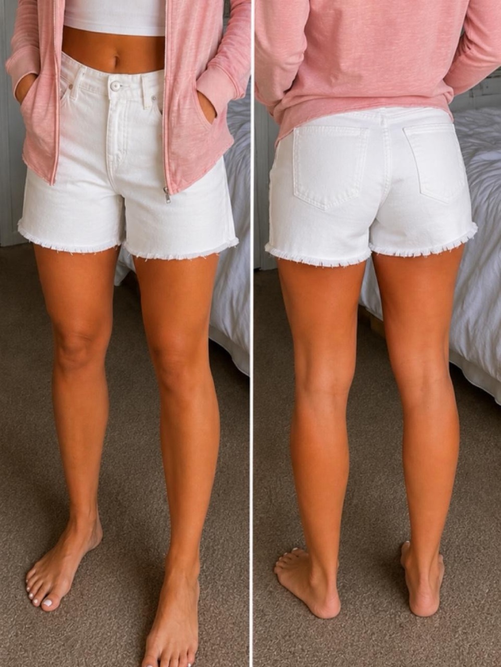 White Frayed Hem Denim Shorts - Women's Casual Summer Shorts